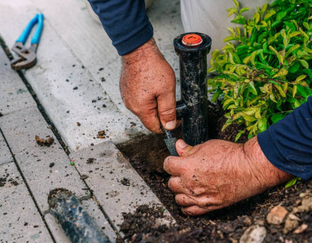 Miles Creek technician configuring watering system outdoors