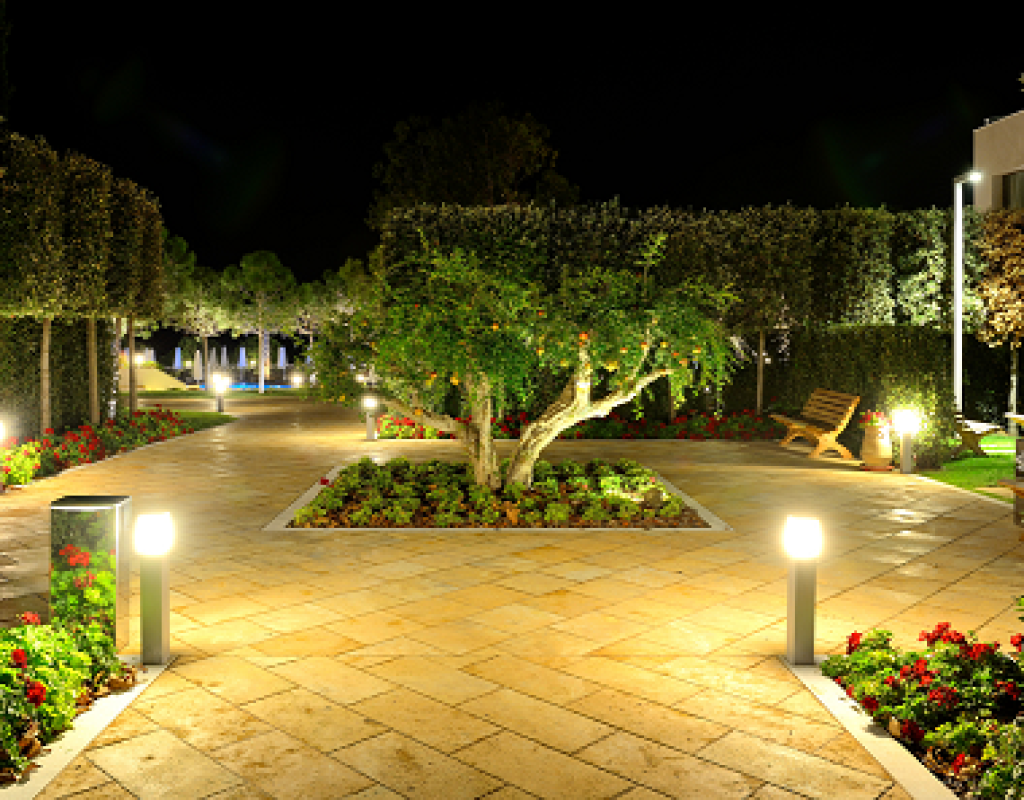 Technician installing outdoor landscape lighting in Hurlock, MD garden